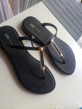 Black T-Strap Women's Sandals with Gold Accent
